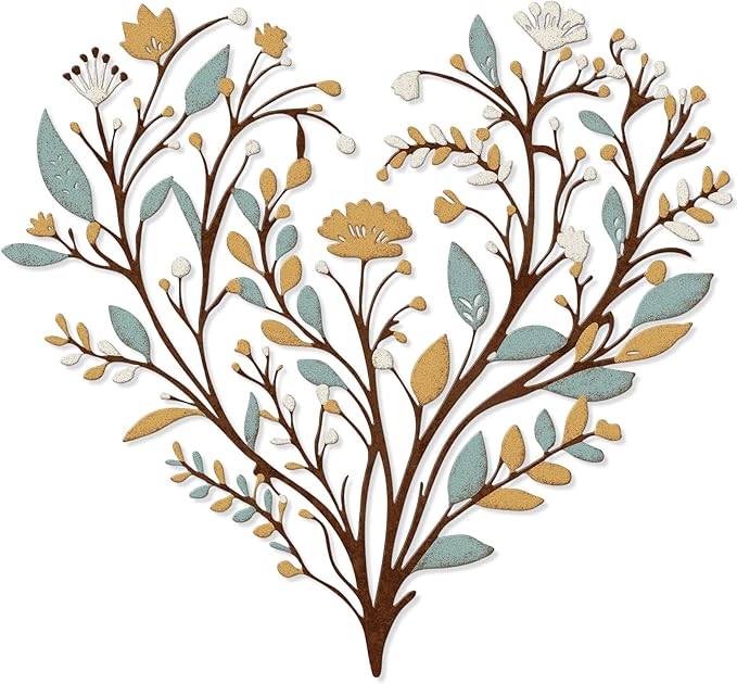 Hnatzu Colorful Flower Metal Wall Art – Vibrant Heart Shaped Floral Decor with Greenery – Boho Chic Printed Wall Decor for Living Room, Bedroom