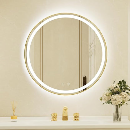 30 Inch Round Gold Framed LED Bathroom Mirror with Lights,Wall-Mounted Lighted Bathroom with 3 Colors Brightness,Anti-Fog,Dimmable Brightness, Waterproof, Tempered Glass, Frontlit & Backlit