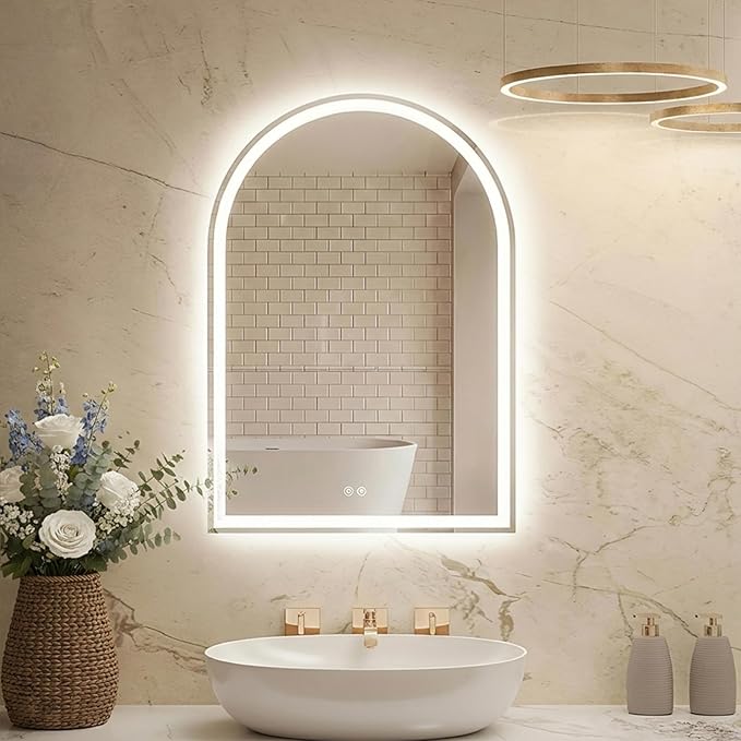DUMOS 24"×36" LED Bathroom Mirror with Lights, Arched Vanity Mirror with Anti-Fog, Dimmable, 3-Color Light, Memory Function, Front Light and Backlit, Tempered Glass