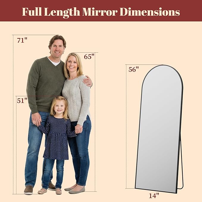 Suidia 56"x14" Arched Full Length Mirror with Stand, Full Body Mirror with Aluminum Frame, Freestanding/Leaning/Wall-Mounted, Floor Mirrors for Bedroom, Living Room, Entryway, Dressing Room, Black
