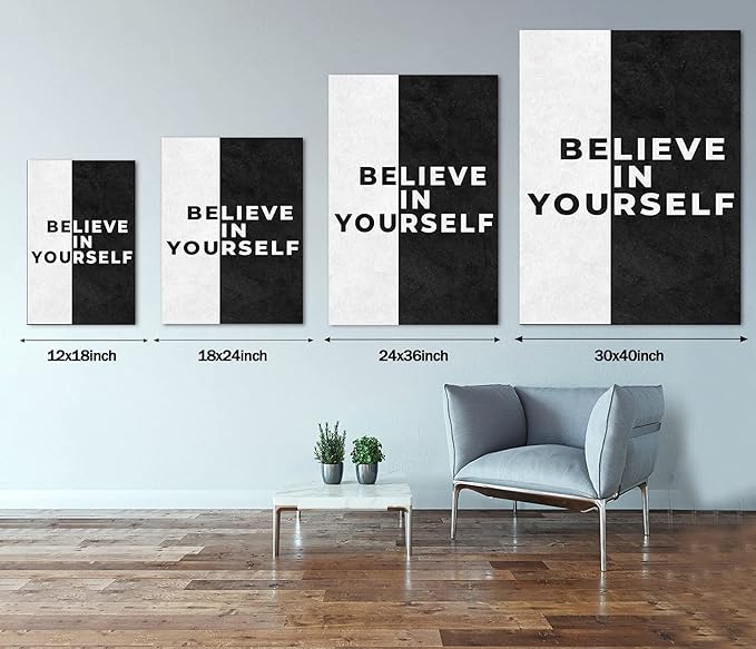 Large Size Inspirational Office Canvas Wall Art Wall Pictures Black White Inspiring Office Home Artwork Positive Quotes Believe in Yourself Wooden Framed Easy to Hang-28inch x 44 inch