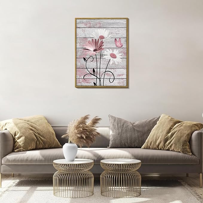 HVEST Farmhouse Floral Pink Wall Art for Bathroom, Rustic Daisy Butterfly on Grey Wood Canvas Wall Art Nature Flower Pictures for Bedroom Living Room Office Wall Decor Framed Artwork, 17L X 12W inches
