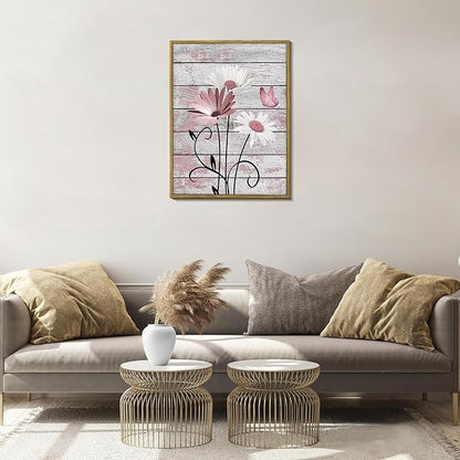 HVEST Farmhouse Floral Pink Wall Art for Bathroom, Rustic Daisy Butterfly on Grey Wood Canvas Wall Art Nature Flower Pictures for Bedroom Living Room Office Wall Decor Framed Artwork, 17L X 12W inches