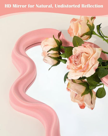 Wavy Mirror Wall Decor for Girly Bedroom, Small Cute Abstract Decorative Mirrors for Modern Apartment Nursery Room Decoration, Hanging Wall Art Above Dresser Desk Table Decor (Light Pink)