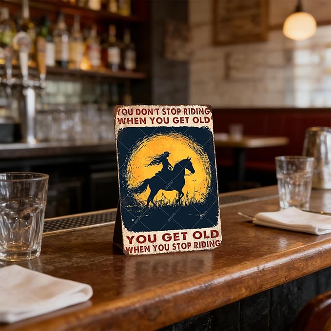 Vintage Metal Tin Sign You Don't Stop Riding When You Get Old Retro Wall Art Decor Woman Riding Horse Under Moon 16x12 Inch