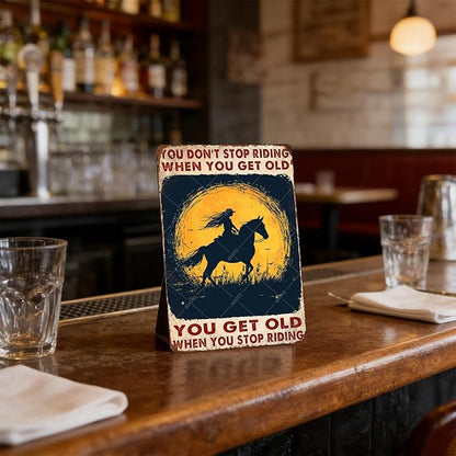 Vintage Metal Tin Sign You Don't Stop Riding When You Get Old Retro Wall Art Decor Woman Riding Horse Under Moon 16x12 Inch