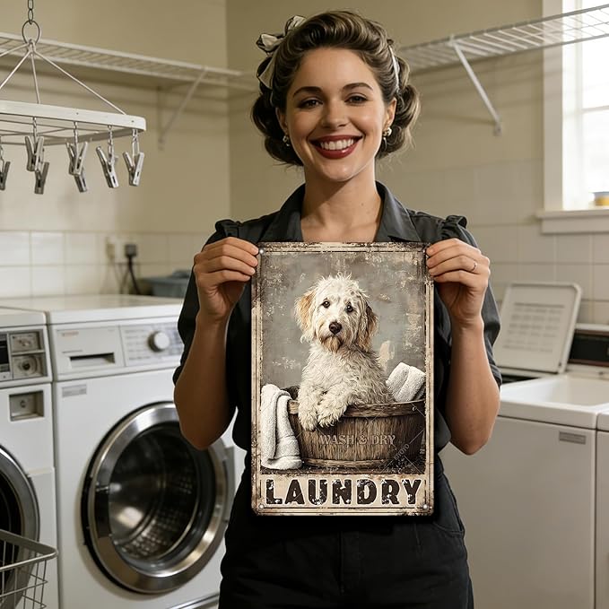 Labradoodle Dog Laundry Vintage Tin Sign Metal Aluminum Sign Iron Painting Vintage Wall Decoration Poster for Home Hotel Bathroom 16x12 Inch