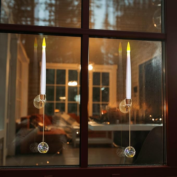 Leejec Christmas Tree Candles with Wand Remote, 10 Pack Battery Operated Flameless Taper Window Candle, Flickering Warm Light, Xmas Tree Decorations with Crystal Ball Hook, Wedding Home Gift
