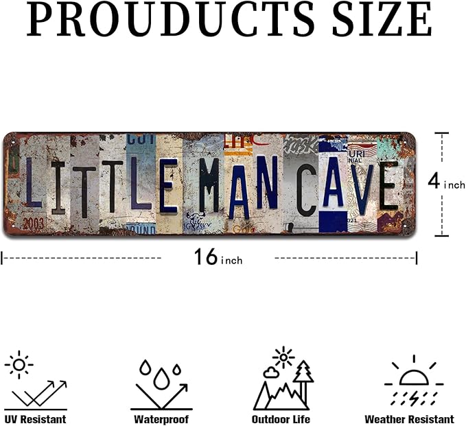 Little Man Cave Rustic Metal Tin Sign - Vintage 4x16 Inch Wall Art for Boys Room, Garage, Game Room, Mini Bar Décor