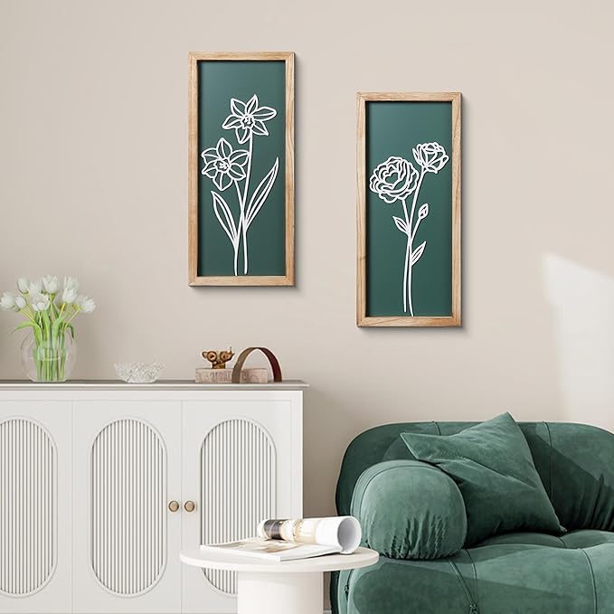 HKBS 3D Wooden Floral Wall Art, Set of 2 Framed Flowers Wall Art Sculptures, Boho Farmhouse Minimalist decor for Bathroom, Bedroom, Living Room, Kitchen or Office Wall Decorations Housewarming Gifts (Green)