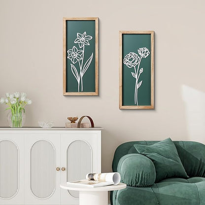 HKBS 3D Wooden Floral Wall Art, Set of 2 Framed Flowers Wall Art Sculptures, Boho Farmhouse Minimalist decor for Bathroom, Bedroom, Living Room, Kitchen or Office Wall Decorations Housewarming Gifts (Green)