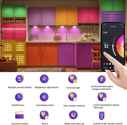 6 PCS Aluminum Round WiFi RGB Under Cabinet Lights Kit,Compatible with Alexa,Google Assistant,App and 2.4G RF Remote,Music Sync LED Light with Timmer Dimmable Under Counter Lights for Kitchen Bedroom