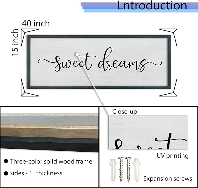 FZMHASLWW Sweet Dreams Wall Decor Above Bed Sign 40" x 15" Wood Framed Rustic Master Bedroom Over Bed Farmhouse Guest Room Signs Wall Art Decoration (Black)