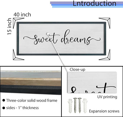 FZMHASLWW Sweet Dreams Wall Decor Above Bed Sign 40" x 15" Wood Framed Rustic Master Bedroom Over Bed Farmhouse Guest Room Signs Wall Art Decoration (Black)