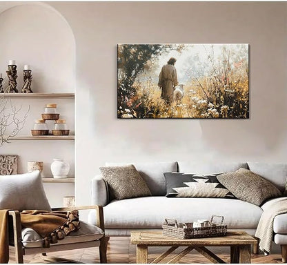 1Pcs Vintage Framed Jesus Lamb Paintings Canvas Wall Art Shepherd Flock Paintings Christian Wall Decor Modern Pictures Religious Art Print for Living Room Bedroom Decoration12inx16in