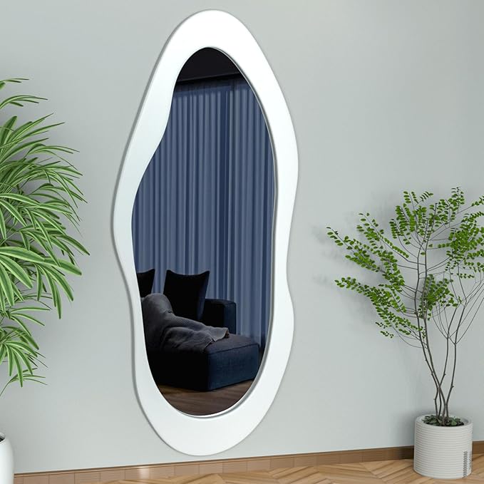 55"x 24" Irregular Wavy Full Length Mirror White Wooden Framed Full Body Mirror Irregular Wall Mirrors Hanging for Bedroom Living Room Cloakroom