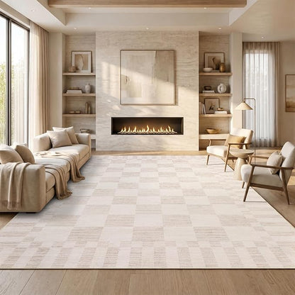 GarveeHome Beige Checkered Rug 2x3 Washable Rug Non-Slip for Entryway, Soft Low-Pile Small Area Rugs,Beige Neutral Modern Geometric Rugs for Kitchen
