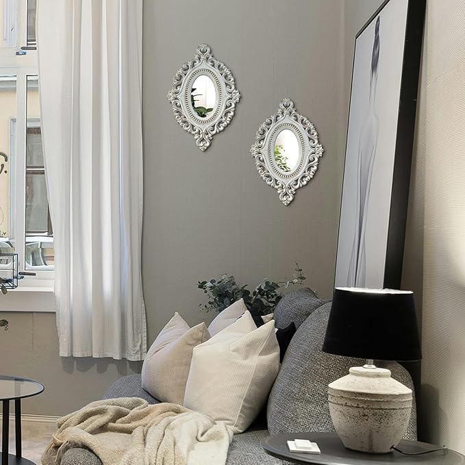 2 Set Oval Wood Carved Wall Mirror Baroque 3D Relief Rustic Home Decor Small Decorative Hanging Mirrors for Living Room, Bedroom Entrance Wall Sculpture