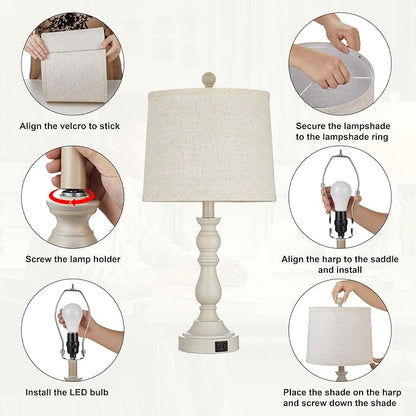 Farmhouse Side Table Lamps for Living Room Set of 2 with USB C+A Ports, Bedside Lamp for Bedroom, Dining Room Decor, Office, End Table, Knob Switch, 3 Color Temperatures, Bulb Included, Beige