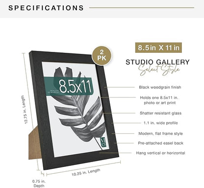 MCS Studio Gallery 8.5x11 Picture Frame Black Woodgrain Engineered Wood, Rectangle Photo Frame for Photos, Posters & Art Prints & Easel for Tapletop Display (2-Pack)