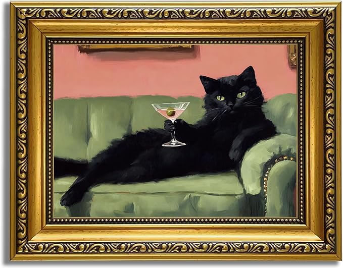 YD&YZY Gold Framed Funny Cat Wall Art Canvas Black Cat Martini Vintage Quirky Humor Bar Cart Wall Decor Cute Animal Painting Picture Print Artwork for Bedroom Living Room Bathroom 8x10 inch Small Framed