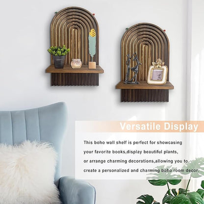 LIYAOLI Boho Shelves Bohemian Decorative,Vintage Wall Shelf Boho Chic Wall Decor for Living Room 2 Pieces 15 x 8.6 Inch Wooden Vintage Shelf Decor Hanging Shelves for Wall Mounted Candle Holder
