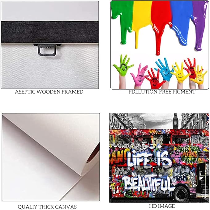 Graffiti Street Wall Art Banksy Painting Artwork Framed Life is Beautiful Wall Decor Canvas Prints Graffiti Picture for Living Room Office Bedroom Ready to Hang -44" Wx28 H