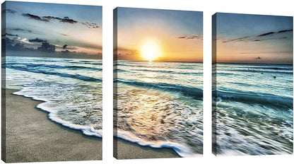 Canvas Wall Art Beach Sunset Ocean Waves Wall Decor 3 Pieces x 16" x 24" Modern Seascape Canvas Artwork Contemporary Nature Pictures Painting Giclee Prints Framed Ready to Hang for Home Decoration