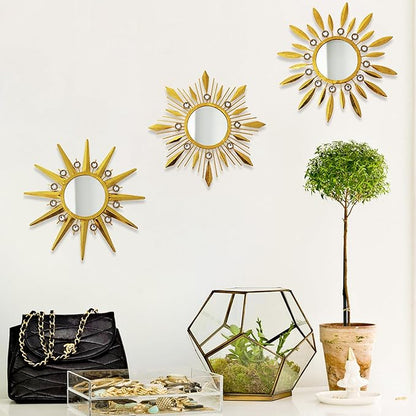 Champagne Gold Round Mirrors for Wall Art Pack of 3, Decorative Mirror Wall Valentine Decor& Vintage Room Decor, Sunburst Circle Mirrors Modern Valentine Gifts for Women & Moms
