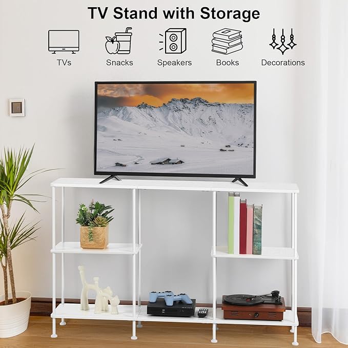 TV Stand for 50 Inch TV, White TV Stands for Living Room, 3 Tier Tall Entertainment Center with Storage Shelves, Narrow Console Table for Bedroom, Wood Media Stand TV Cabinet for Small Spaces, White