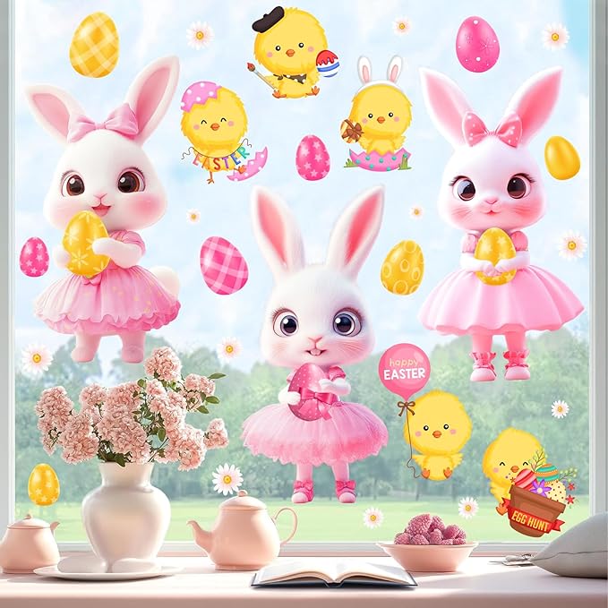 Pink Easter Window Clings Decoration Stickers for Glass Bunny Decals for Girls Bedroom Double-Side Spring Easters Eggs Cling Chick Rabbit Sticker for Living Room Kitchen Holiday Home Indoor Decor
