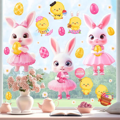Pink Easter Window Clings Decoration Stickers for Glass Bunny Decals for Girls Bedroom Double-Side Spring Easters Eggs Cling Chick Rabbit Sticker for Living Room Kitchen Holiday Home Indoor Decor