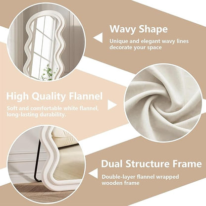 Wavy Full Length Mirror, 71"x32" Flannel Mirrors Full Length with Stand, Full Boby Mirrors for Bedroom, Living Room, Cloakroom, Hanging Leaning Wall Mirror, White