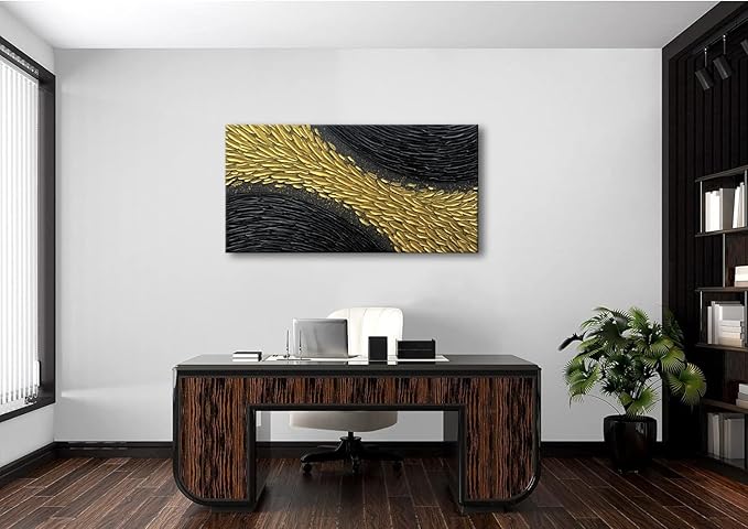 Slyart Black and Gold Wall Art, Large Gold Texture Abstract Art, Contemporary Art Oil Painting, 24"x48" Modern Home Decor for Living Room Bedroom