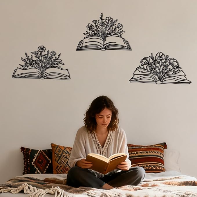 Zzbakress 3 Pcs Book Wall Decor Metal Flower Wall Art, Library Decor Hanging Sculpture, Reading Nook Silhouette Wall Hanging for Home Office Reading Room Teacher Gift (Elegant)