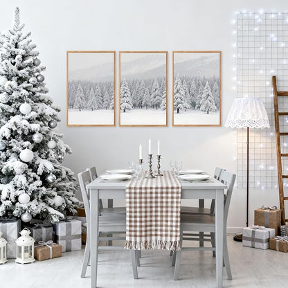 CHDITB Snowy Christmas Pine Trees Framed Canvas Wall Art(16"x24"), 3 Panels Winter Forest Landscape Artwork Prints, Large Neutral Abstract Nature Evergreen Snow Scene Xmas Gift Decor for Home Office Bedroom