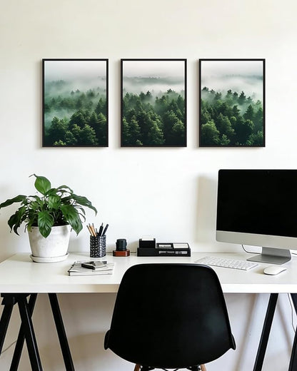 PHOPAGO Green Fog Pine Tree Framed Wall Art Nature Misty Nordic Forests Artwork Morden Paints Bedroom Living Room Home Decor - 11x14in Black Framed