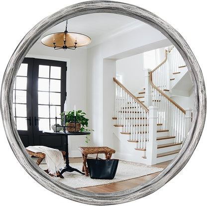 12" Antique Silver Round Convex Mirror, Small Circle Wall Mirror with Thick Metal Framed, Hand-Forged Round Decorative Wall Mirrors for Bathroom, Vanity