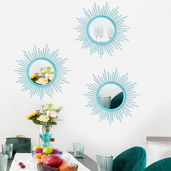 3 Pack Metal Mirrors for Wall Sunburst Wall Mirrors Home Décor Decorative Hanging Wall Art for Living Room Bedroom Entryway (Greenish Blue, Sunburst)