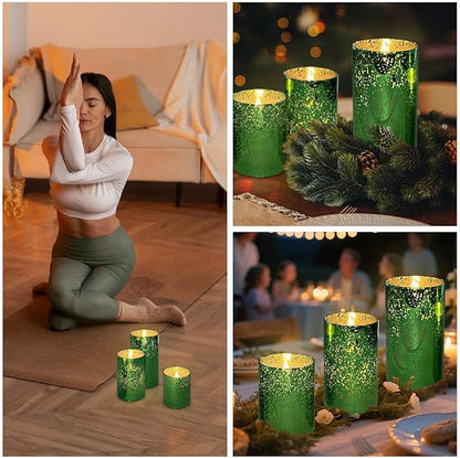 LEDHOLYT Rechargeable Flameless Candle, Flickering LED Pillar Glass Fake Candle with Remote and Timer, Built-in Battery Real Wax Electronic Candle for Room Decoration, Set of 3