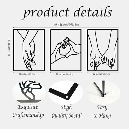 EDCIJB 3 Pcs Minimalist Heart Hands Black Metal Wall Decor Single Line Wall Art Abstract Metal Wall Art Decor for Bedroom Livingroom,Bathroom,Decor for Couples