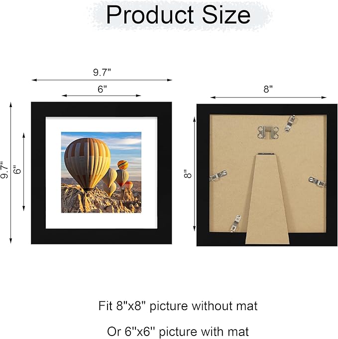 iRahmen 8x8 Picture Frame with Mat 6x6 - High Definition Real Glass Wooden Photo Frames for Tabletop Display and Wall Mounting (Pure Black, Set of 2)