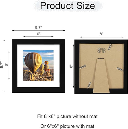 iRahmen 8x8 Picture Frame with Mat 6x6 - High Definition Real Glass Wooden Photo Frames for Tabletop Display and Wall Mounting (Pure Black, Set of 2)