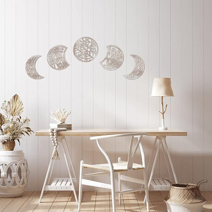 Jetec 5 Pcs Moon Phase Wall Art Decor Wall Pediments Hanging Wooden Phase Spiritual Bedroom Nordic Boho Lunar Aesthetic Art for Living Room Dorm Apartment Ornament(Vintage Color,10.6 Inch,Botanical)