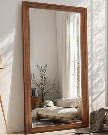 Full Length Mirror, 76"x34" Wooden Mirror Full Length with Stand Wood Floor Mirror, Oversized Stand Up Mirrors Large Wall Mirrors, Wall Mounted Mirrors, Rect Wood Style, Brown