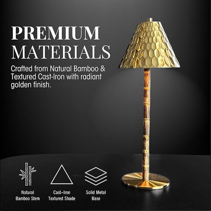 Bamboo Cordless LED Table Lamp – Rechargeable 24-Hour Battery, Dimmable Warm Light, 15" Portable Wireless Lamp with Remote for Indoor/Outdoor Use, Home, Patio, Restaurant – Textured Gold