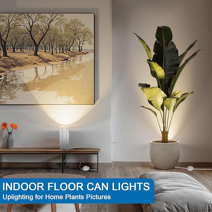 2 Pack Up Lights Indoor, 6W 3000K Warm White Uplighting Indoor Floor Can Light with GU10 Bulb, Indoor Floor Spotlight for Plants, Wall & Artwork, Plug Cord & Foot Switch, White