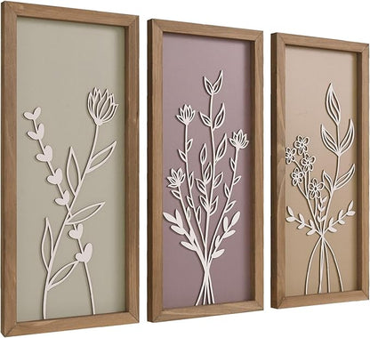 pechpell Set of 3 Wooden 3D Flower Wall Art Wood Framed, 15.7×7.1 Inch Floral Boho Wall Decor, Rustic Farmhouse Home Artwork for Bedroom Bathroom Living Room Kitchen Decorations