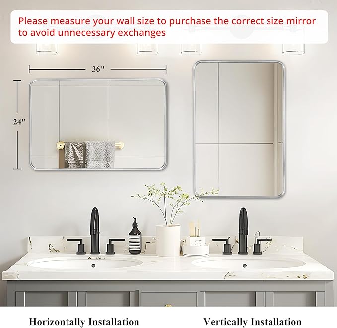 Fabuday Bathroom Wall Mirror Rectangle - 36x24 Inch Large Over Sink Framed Mirror Silver, Rectangular Brushed Mirrors Hanging for Bedroom, Restroom, Living Room, Entryway Decor
