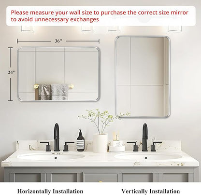 Fabuday Bathroom Wall Mirror Rectangle - 36x24 Inch Large Over Sink Framed Mirror Silver, Rectangular Brushed Mirrors Hanging for Bedroom, Restroom, Living Room, Entryway Decor